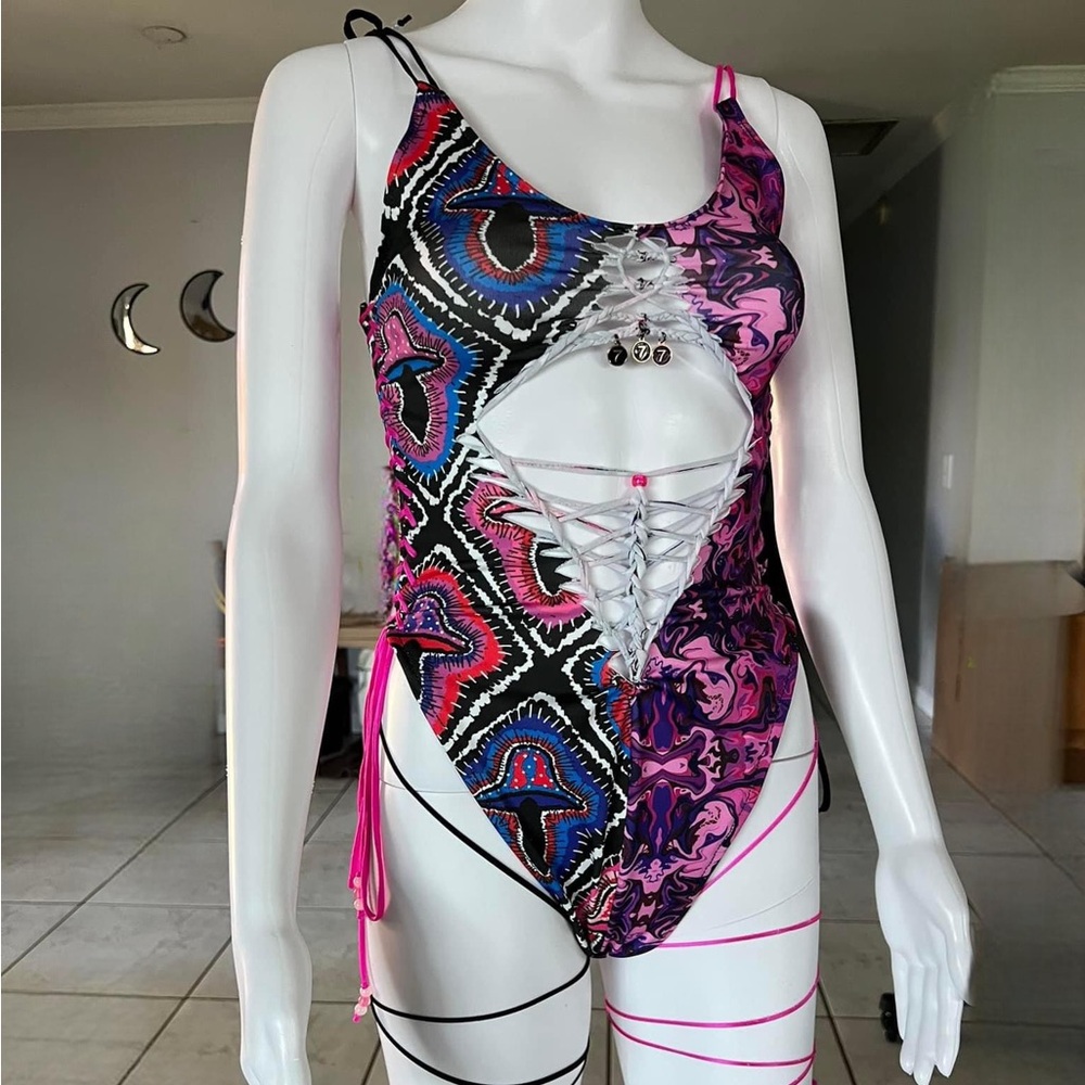 Colorful bodysuit/swimsuit with adjustable ties